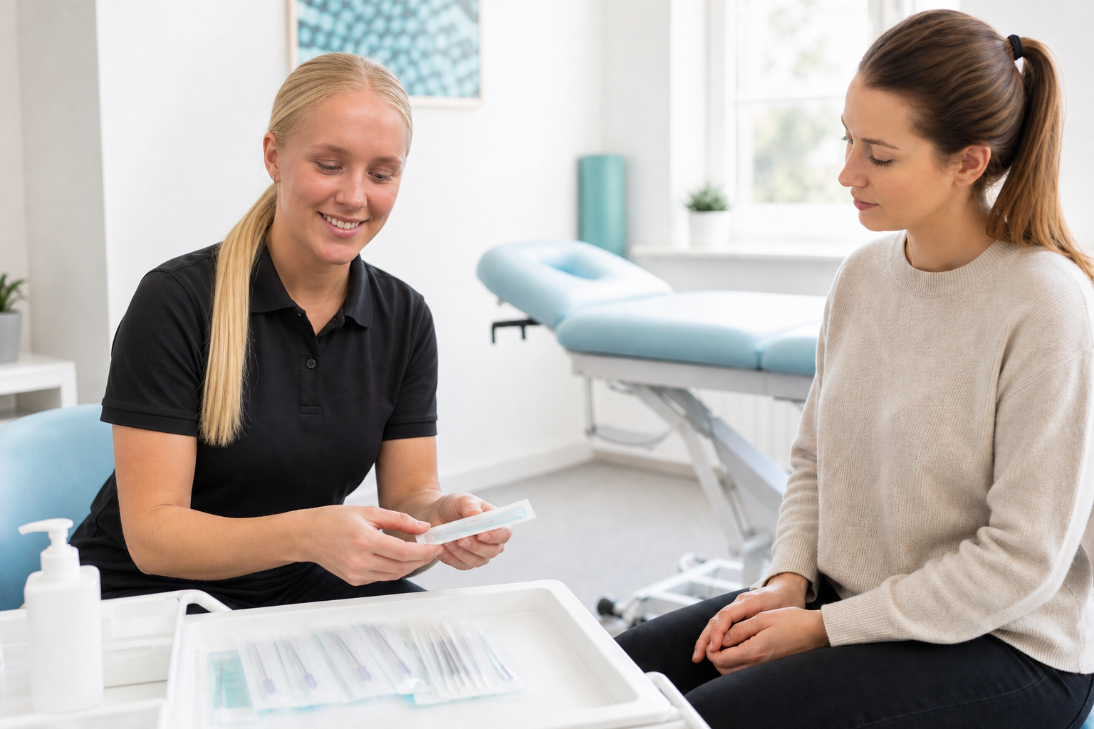 Georgia explaining acupuncture equipment